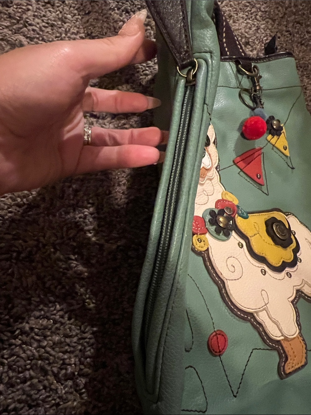 Chala- Turquoise Tote with Polka Dot Lining - Picture 3 of 11